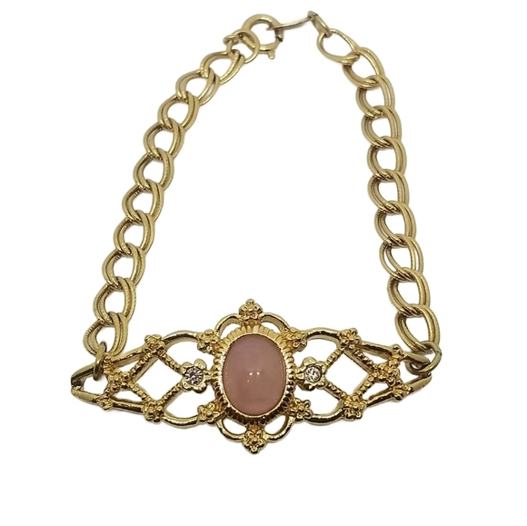 AVON 1993 GOLDTONE & GENUINE ROSE QUARTS DAINTY CHAIN BRACELET - Picture 4 of 8